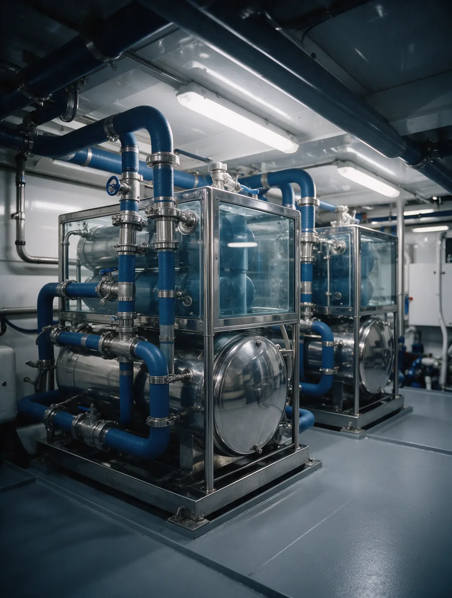 A superyacht chiller plant room with two chilled-water units and blue-insulated pipework