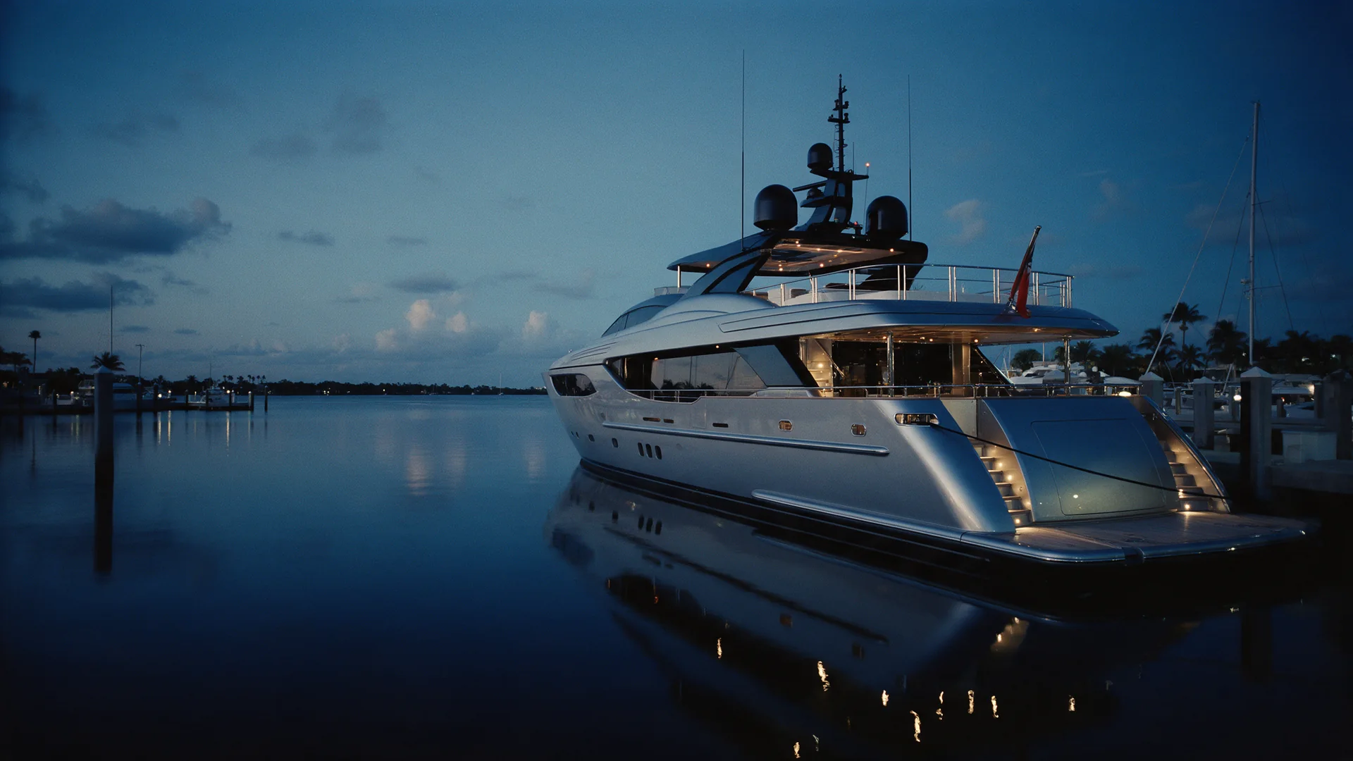 A superyacht moored stern-to at a quiet Florida marina at blue hour