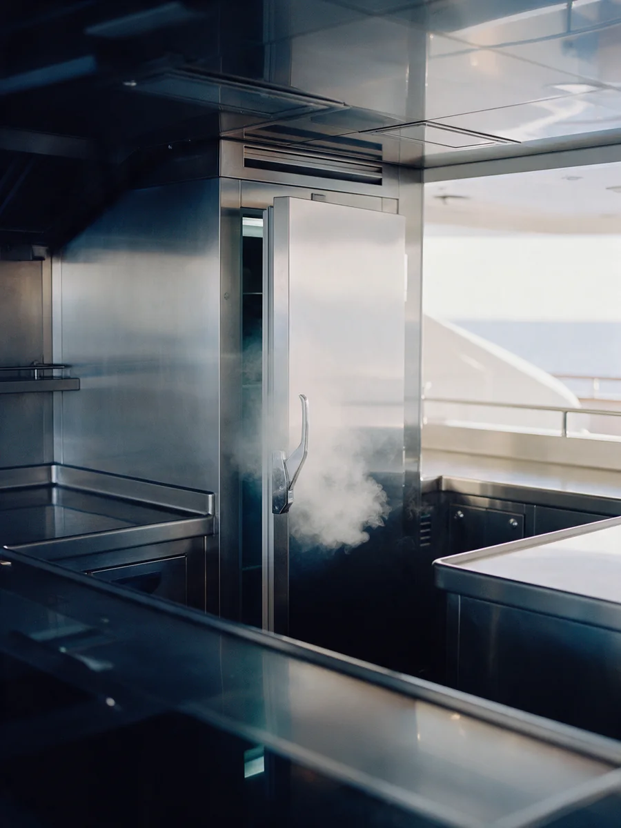 A stainless walk-in refrigerator in a superyacht crew galley with cold vapour spilling out